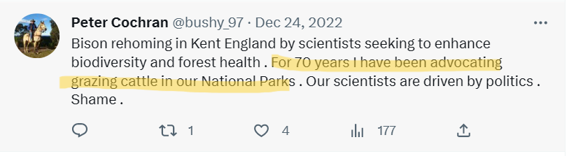 Do not be fooled: the real agenda of the pro-feral horse lobby is to return cattle to our National Parks.
This tweet is from their leader - the guy who Barilaro credited with writing the NSW feral horse protection laws.
Horses are their gateway to scrap national park protections.