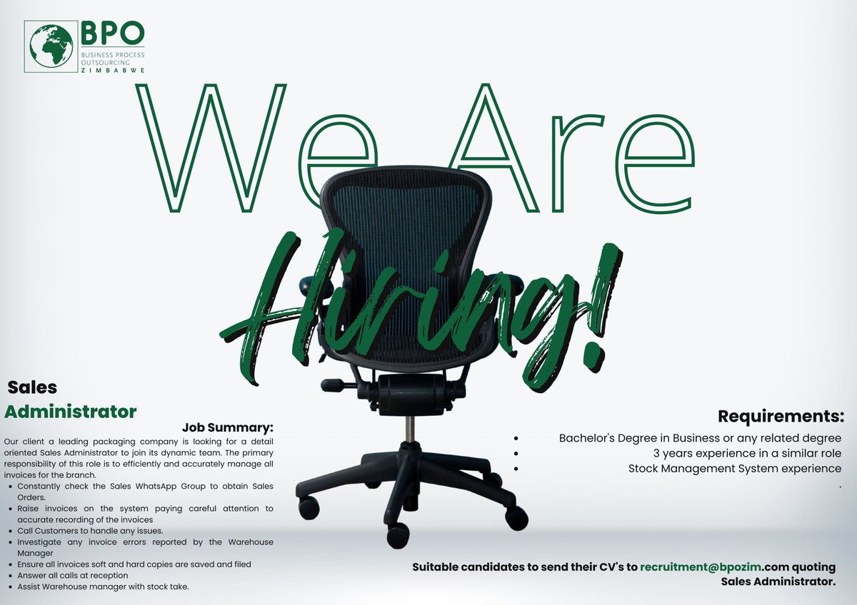 BpOzim's tweet image. Could this be you?

Our client is looking for a qualified Sales Administrator.

Apply with an updated CV/Resume on: recruitment@bpozim.com

#recruitment #salesadmin