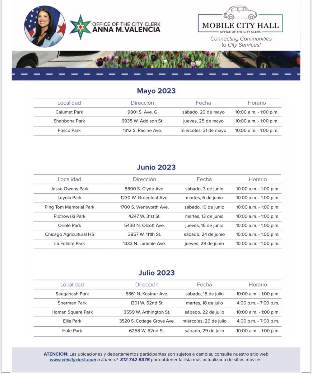 2023 Mobile City Hall event Information flyer and schedule  for the remainder of May, June, and July! <a href="/chicityclerk/">Chicago City Clerk</a> <a href="/ChicagoDOT/">CDOT</a> <a href="/IDOT_Illinois/">IDOT_Illinois</a> <a href="/MOPDChicago/">MOPD Chicago</a> <a href="/ChicagoDOH/">Chicago Department of Housing</a> <a href="/ChiPubSchools/">CPS - Chicago Public Schools</a> <a href="/chipublib/">Chicago Public Library</a>