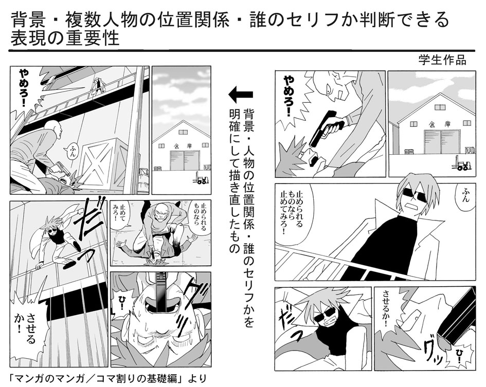 右の表現は「何が描かれているのかが伝わりにくい」という前提で、「分かるように表現するには・・と添削した」ものが左の表現です。  「人物の位置関係・誰のセリフか明確に」というのがポイント・・という意味で載せました。  でも、それが伝わらず「意外な反応」が相変わらずです。