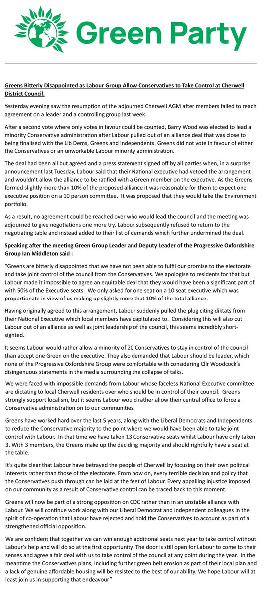 Statement from Norther Oxfordshire Greens about the failure of alliance negotiations at Cherwell District Council