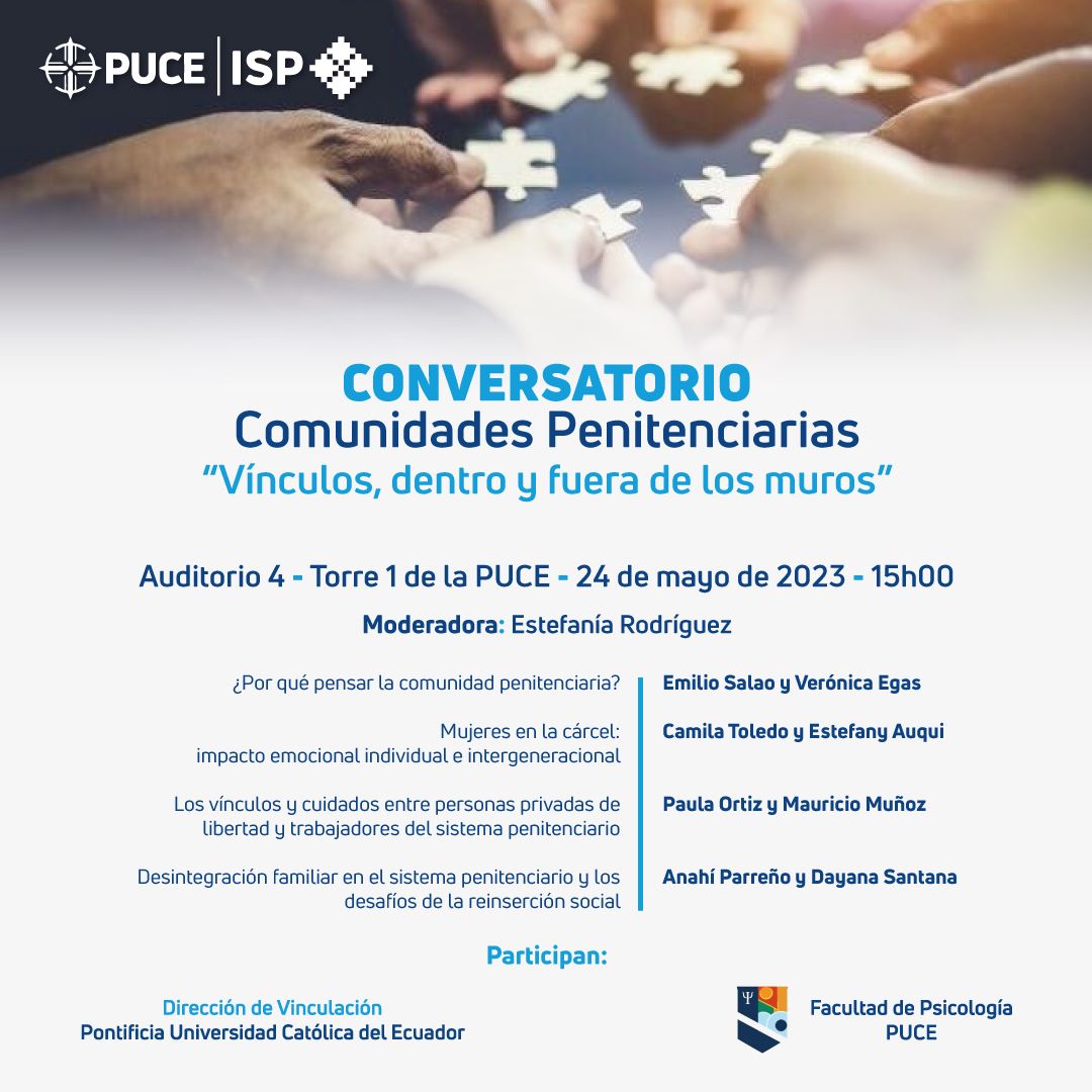 El <a href="/IspPuce/">ISP PUCE</a>,la Facultad de Psicología y @VinculacionPUCE invitan al conversatorio sobre Comunidades Penitenciarias.Cordialmente invitados!
🗓️ Miercoles 24 de mayo
⏰ 15:00
🏛️ Torre 1 Auditorio 4 PUCE

<a href="/CientificasEC/">👩🏽‍🎓CientíficasEcuador🇪🇨</a> <a href="/PUCE_Ecuador/">PUCE Ecuador</a> <a href="/PUCeCiencia/">Hugo Navarrete</a> <a href="/prisci_muriel/">@prisci_muriel@ecoevo.social</a> <a href="/isa_miip/">Isabel Imbaquingo</a>  <a href="/Fustercita/">Ivonne Tellez</a>