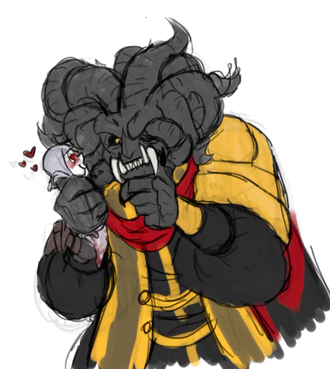 pickle_crammer's tweet photo. I WAS working on something else, but then the idea of Mohg picking Varré up to move him out of the way while he looks for his keys or something popped into my head… so I had to make a quick doodle. https://t.co/WpzXRZFv2K