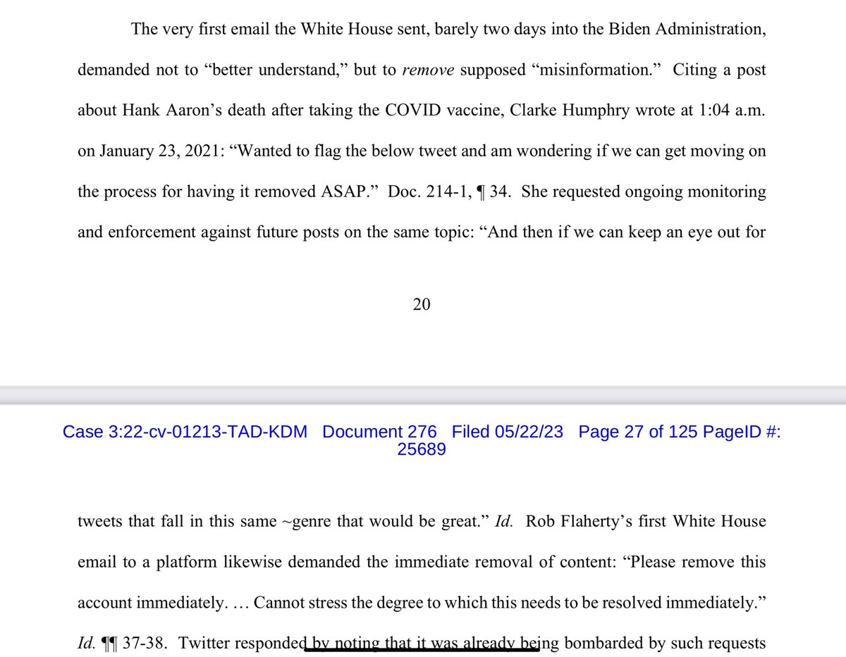 One of the very first actions the WH took was directing social platforms to REMOVE the content that insinuated that Hank Aaron died because of the vaccine.. Flaherty then went on to demand social media companies remove OTHER posts and people from their platforms. These weren’t…