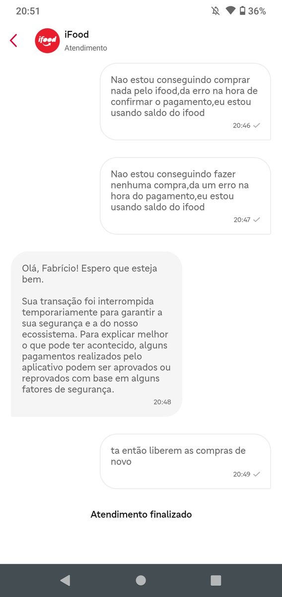 sveigaf's tweet photo. @iFood não estou conseguindo fazer pedidos, aparece "tivemos um problema por aqui" não consigo comprar com o saldo do ifood e suporte fechou conversa na minha cara, ajuda ai https://t.co/Zst40wQmCu