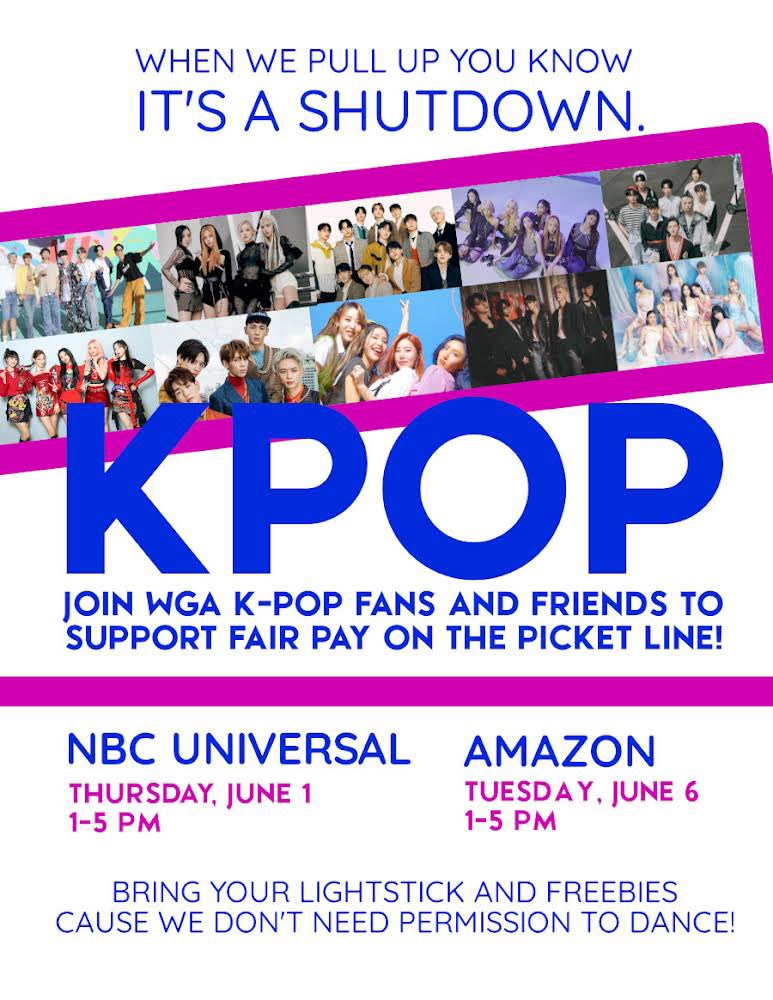 christinadirkes's tweet image. WGA WRITERS IN YOUR AREA!!!

We’re having kpop pickets at Universal and Amazon (all cleared with the lot coordinators)!

Come bring your lightstick and join the WGA and friends in solidarity on the picket line— 
Universal: Thursday, June 1 @ 1-5pm
Amazon: Tuesday, June 6 @ 1-5pm