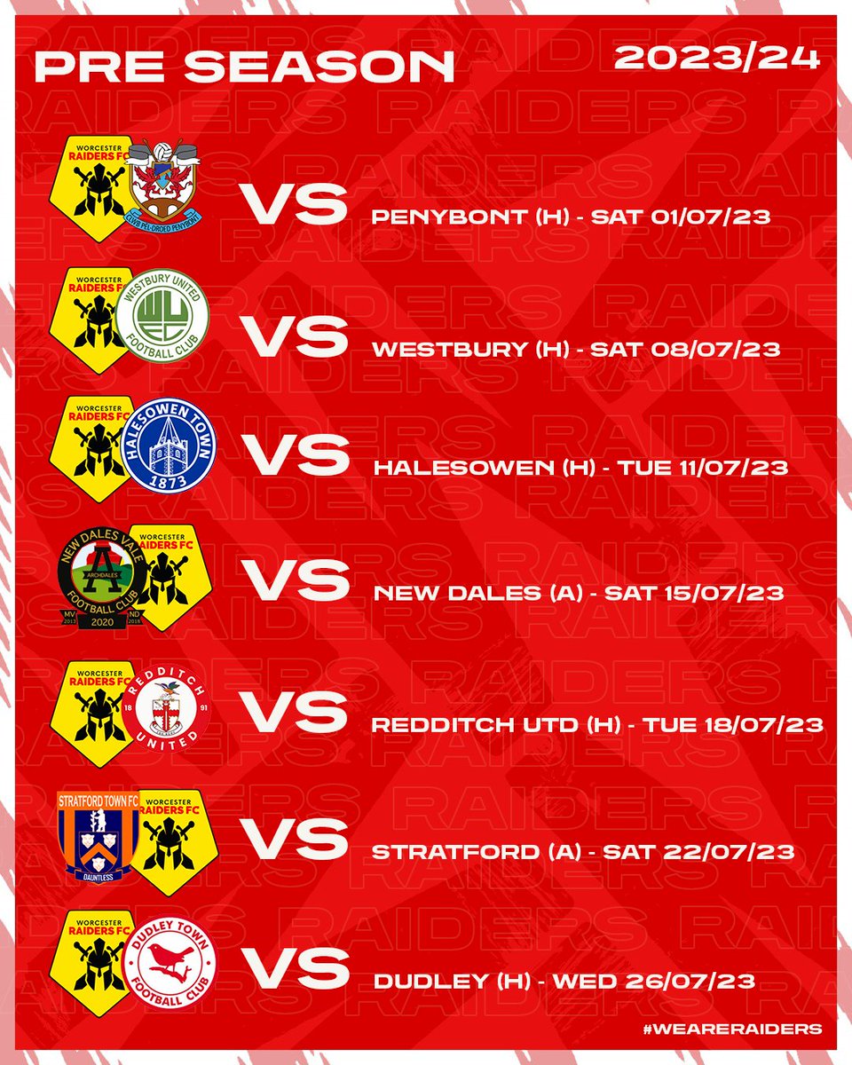 𝐏𝐫𝐞 𝐒𝐞𝐚𝐬𝐨𝐧 𝟐𝟎𝟐𝟑/𝟐𝟒 ⏳ 

We are delighted to announce our pre season schedule for the upcoming 2023/24 season, including the likes of newly promoted <a href="/halesowentownfc/">Halesowen Town FC</a> and <a href="/RedditchUtd/">Redditch United</a> visiting Sixways. 

#WeAreRaiders | #UTR