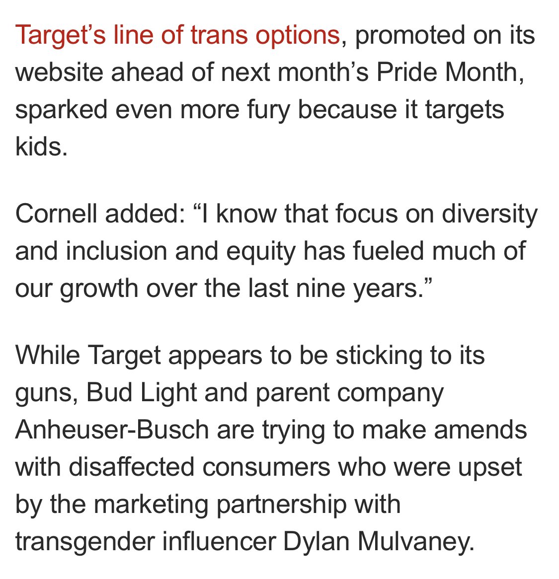 robbystarbuck's tweet photo. Last week Target’s CEO said trans tucking and binding products are "the right thing for society" and "good business". He also said DEI fuels their growth. One week later they’re having emergency meetings over the backlash. Let’s make sure he regrets these comments going forward! https://t.co/T4aobj1DKf