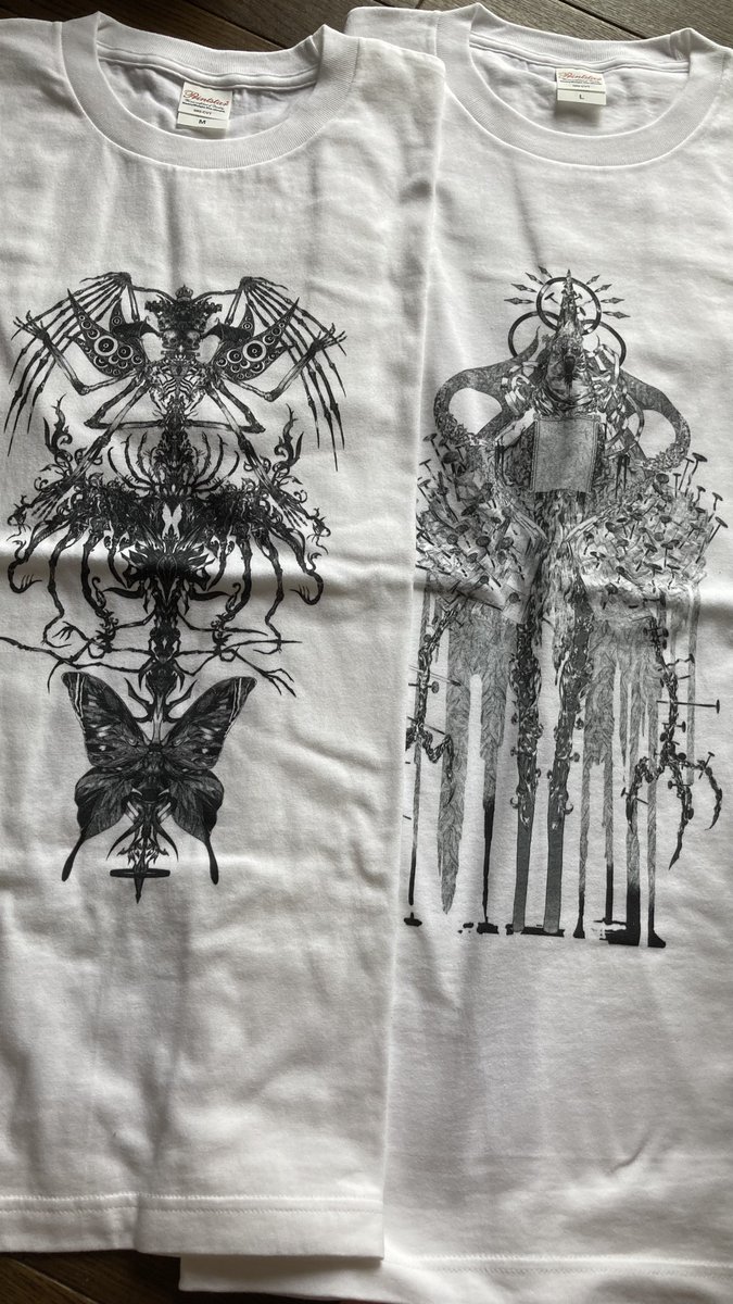 自慢するの遅くなっちゃったけど見てーー!!!斑鳩( @ikaruga_29 )さんのTシャツ!!!めっちゃっこいいし、繊細な絵なのにすごくしっかり印刷されてる…!上に前開きのシャツ羽織って、って格好しがちなのでバッチリ決まりそう👍