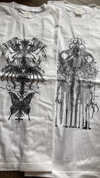 自慢するの遅くなっちゃったけど見てーー!!!斑鳩( @ikaruga_29 )さんのTシャツ!!!めっちゃっこいいし、繊細な絵なのにすごくしっかり印刷されてる…!上に前開きのシャツ羽織って、って格好しがちなのでバッチリ決まりそう👍