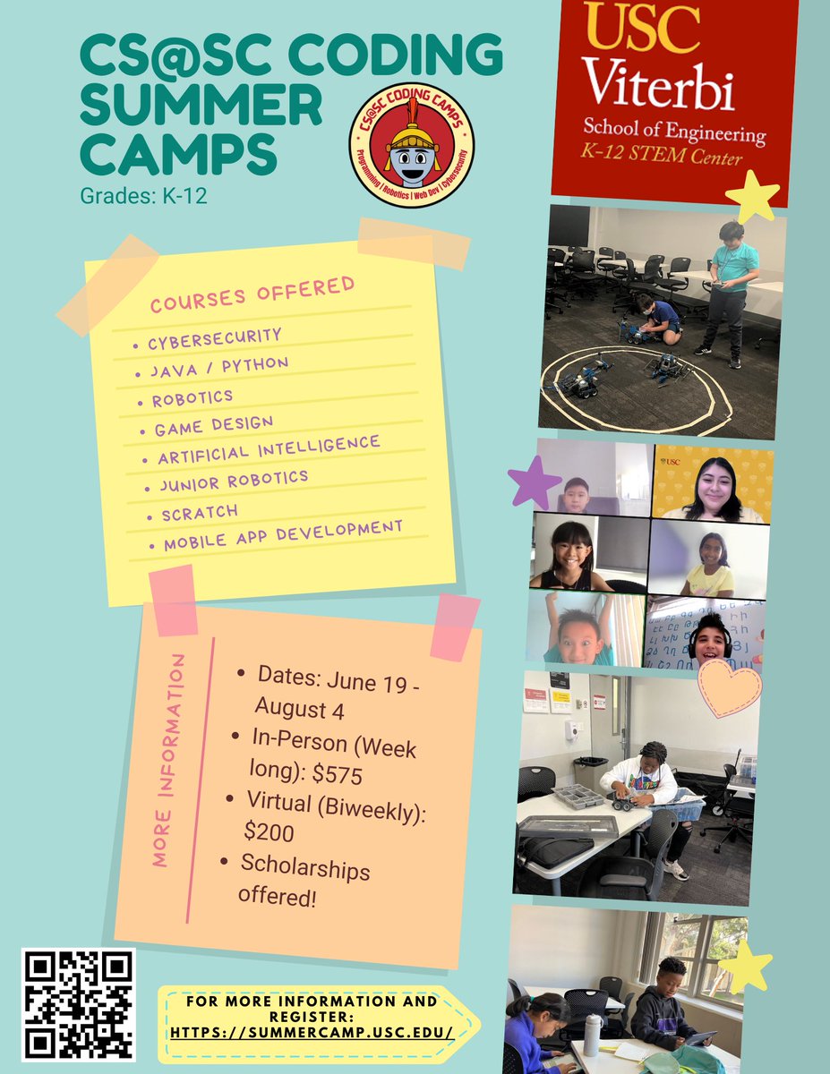 CS@SC Summer 2023 is almost here with our programs starting on June 19th and ending on August 4th! Sign up for our virtual and in-person camps at summercamp.usc.edu and send us any questions at cscamps@usc.edu!

Fight On and Happy Summer. 

#codingsummercamp #codingforkids