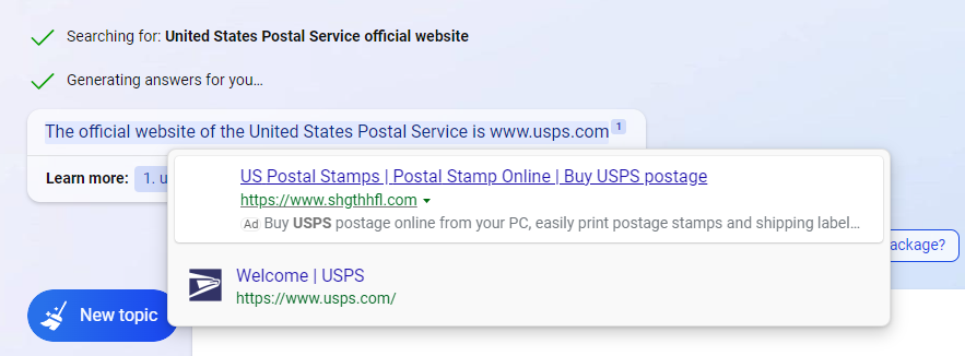 'Bing is so much better than google now! You should get your parents to use it! It's so natural!'

Bing: yeah come on down to dsfjklsdjfklsdfas dot com, the official websdite of the united states postal service