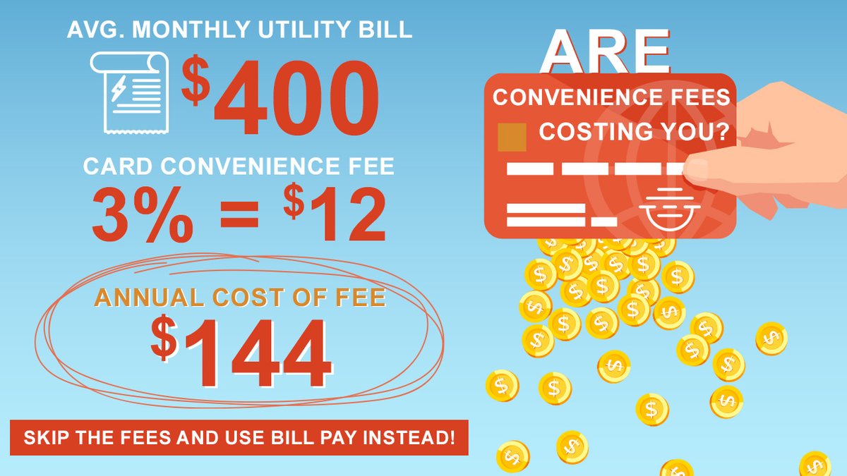 Are card convenience fees costing you over a $100 a year? If you're being charged 3% on a $400 utility bill, you're paying $12 a month just to use your card! That's $144 annually! 🤯Skip the convenience fee and use our free Bill Pay service instead! Find it in online banking!