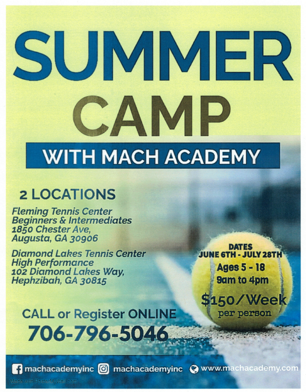 Join Us! - Summer Camp Registration Now Open

 June 6-July 28

MACH Academy, Inc.'s summer camps will be an immersive experience for children and teenagers that combines intensive tennis training with engaging educational activities.