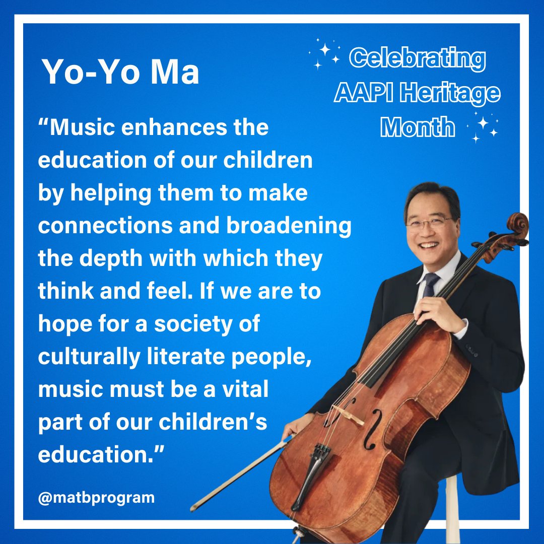 matbprogram's tweet image. MATB lessons of the classics are enhanced by the talent of legendary musicians like @YoYo_Ma, a prolific American cellist. Here&apos;s a clip of him playing with singer Bobby McFerrin that is featured in our lesson on Bach&apos;s Musette. #AAPIHeritageMonth
ow.ly/t0B950OutHa