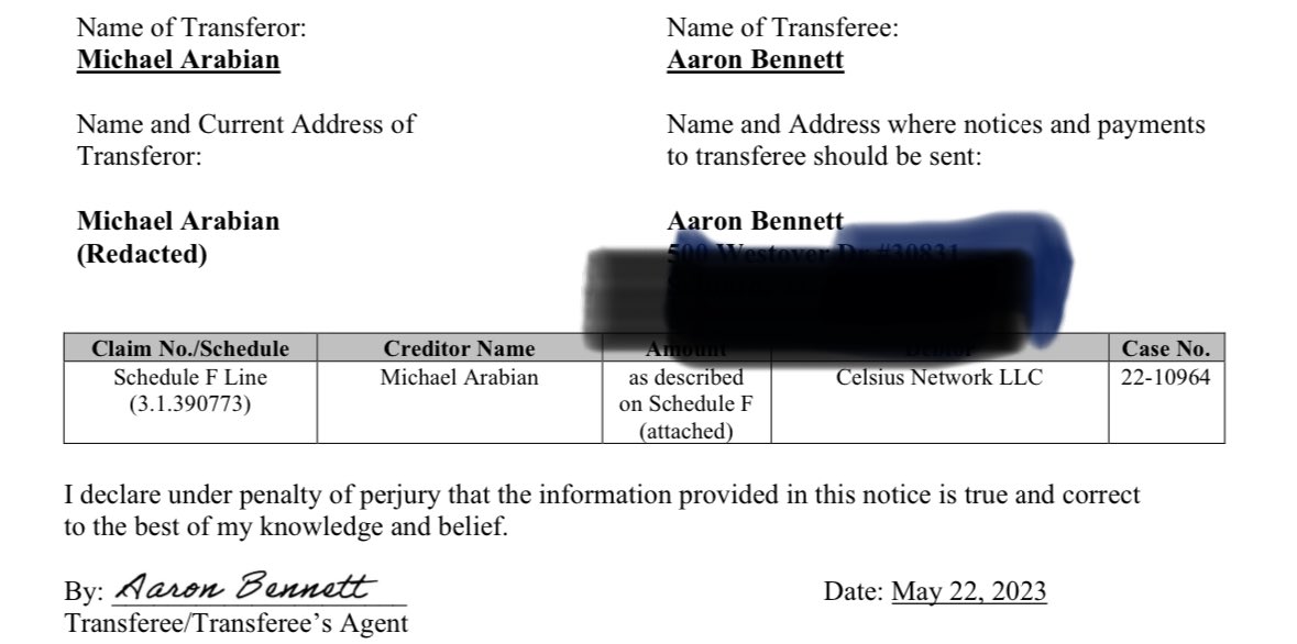 Looks like ⁦@AaronDBennett⁩ is buying up ⁦@CelsiusNetwork⁩ claims. Confidence in a real recovery #Celsians cases.stretto.com/public/x191/11…