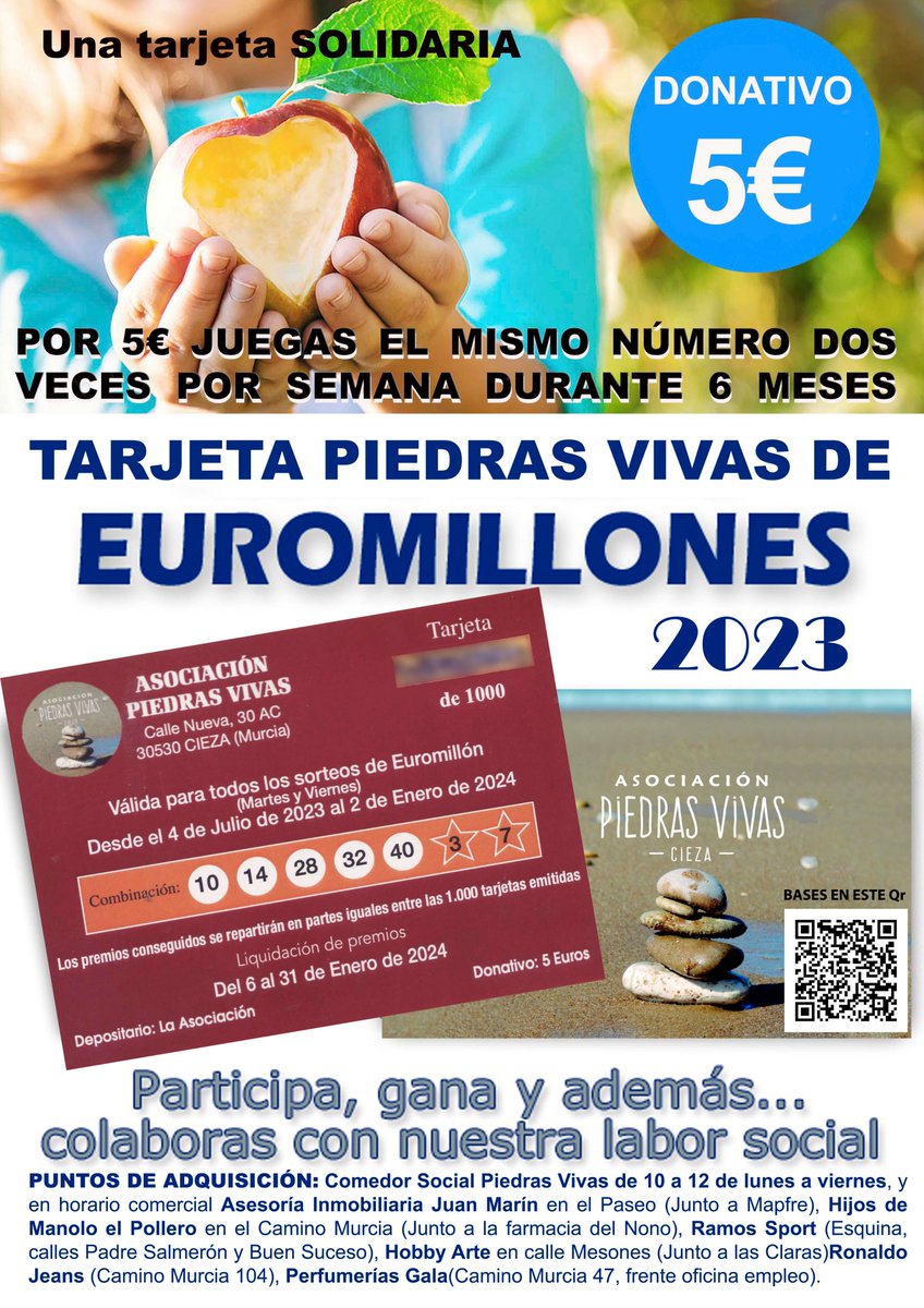 UNA TARJETA MÁS QUE SOLIDARIA.
Hemos editado unas TARJETAS SOLIDARIAS que te permitirán participar en el sorteo EUROMILLONES durante 6 MESES, todos los martes y viernes desde el 4 de julio de 2023 al 2 enero de 2024. Con tu Donativo de 5€ te obsequiamos con una participación.