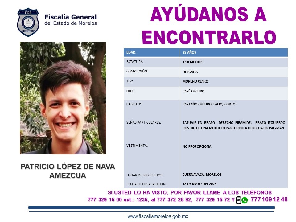 RadioFormulaMor's tweet photo. Solicitamos de su colaboración para localizar a 

PATRICIO LÓPEZ NAVA AMEZCUA 

De 29 años, desaparecido en #Cuernavaca el 18 de mayo de 2023.

#AbriendoLaConversación https://t.co/qclSiY4OIX