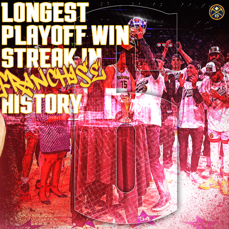 nuggets's tweet photo. "It's been a heck of a playoff run for the 2022-23 Denver Nuggets. All that's missing is four more playoff wins and another golden trophy." 📰