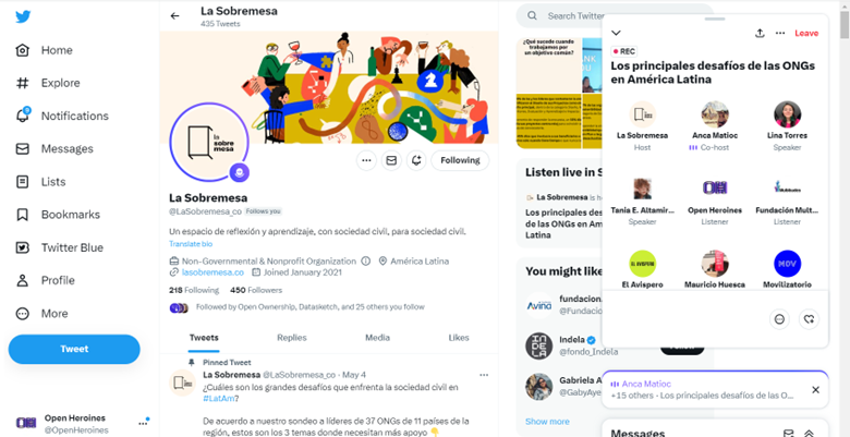 OpenHeroines's tweet photo. Ya estamos escuchando a las #openheroines de @LaSobremesa_co y aprendiendo de su trabajo
con el ecosistema de organizaciones sociales de #AmericaLatina 👏😍 https://t.co/TScIvTfSZu