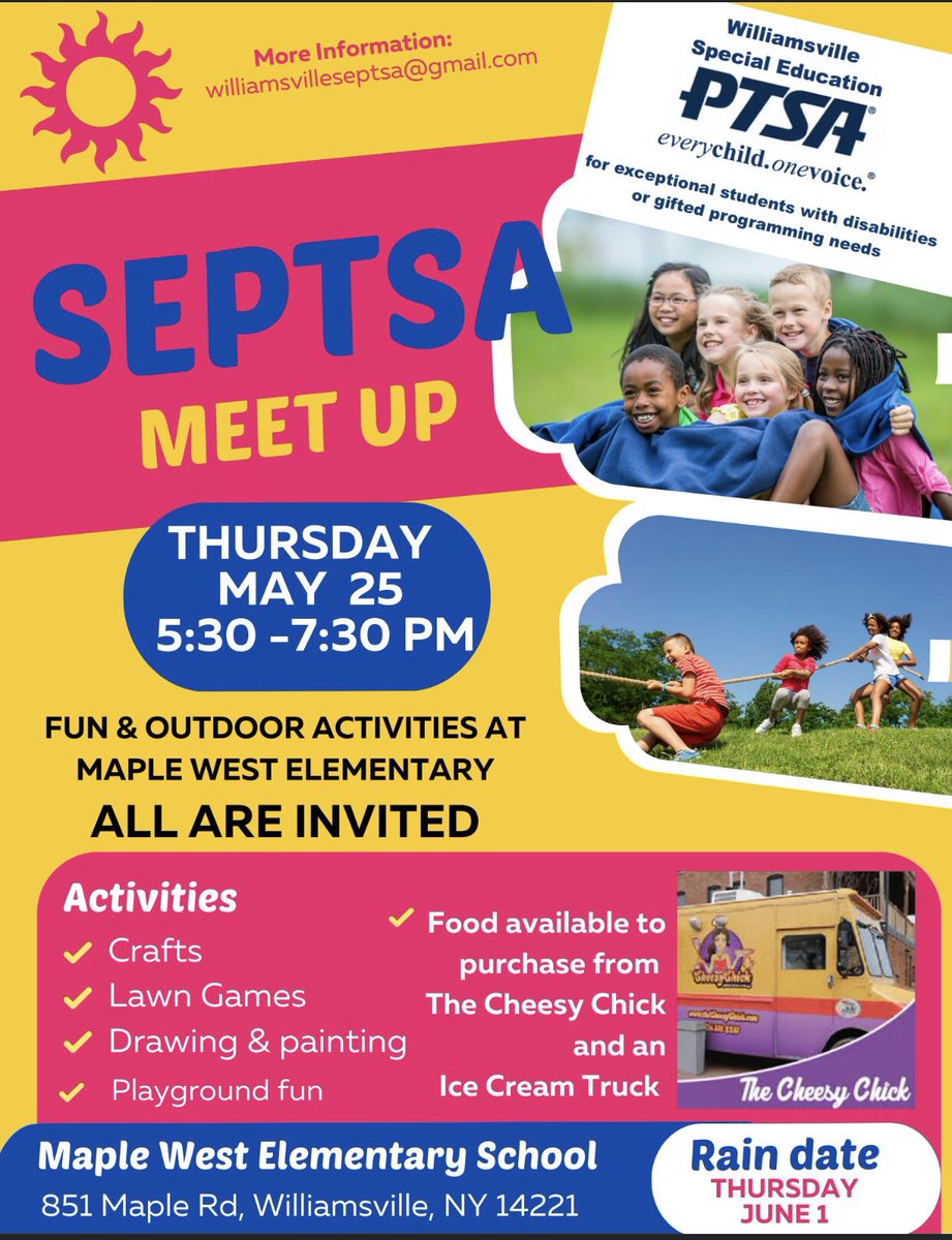 Hope to see you all Thursday 
Cheesy chick food truck 🧀 🥪 🛻 
Ice cream truck !!!!! 🍨 🛻 
Activities for all!!!!
🫧 bubbles
Basketball 🏀 
Fun 🤩 <a href="/WCSD_K12/">Williamsville CSD</a>