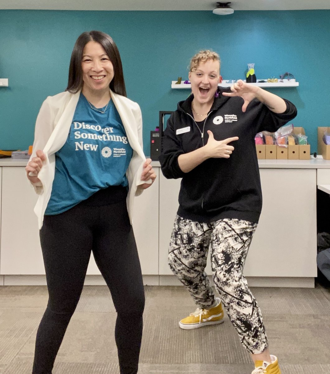 WinnLib's tweet image. Annie &amp;amp; Mikayla from The Studio are showing off their new swag! Which means the next time you see someone wearing the blue shirt or a black hoodie/quarter zip, know they are here to assist you. #WNPLD