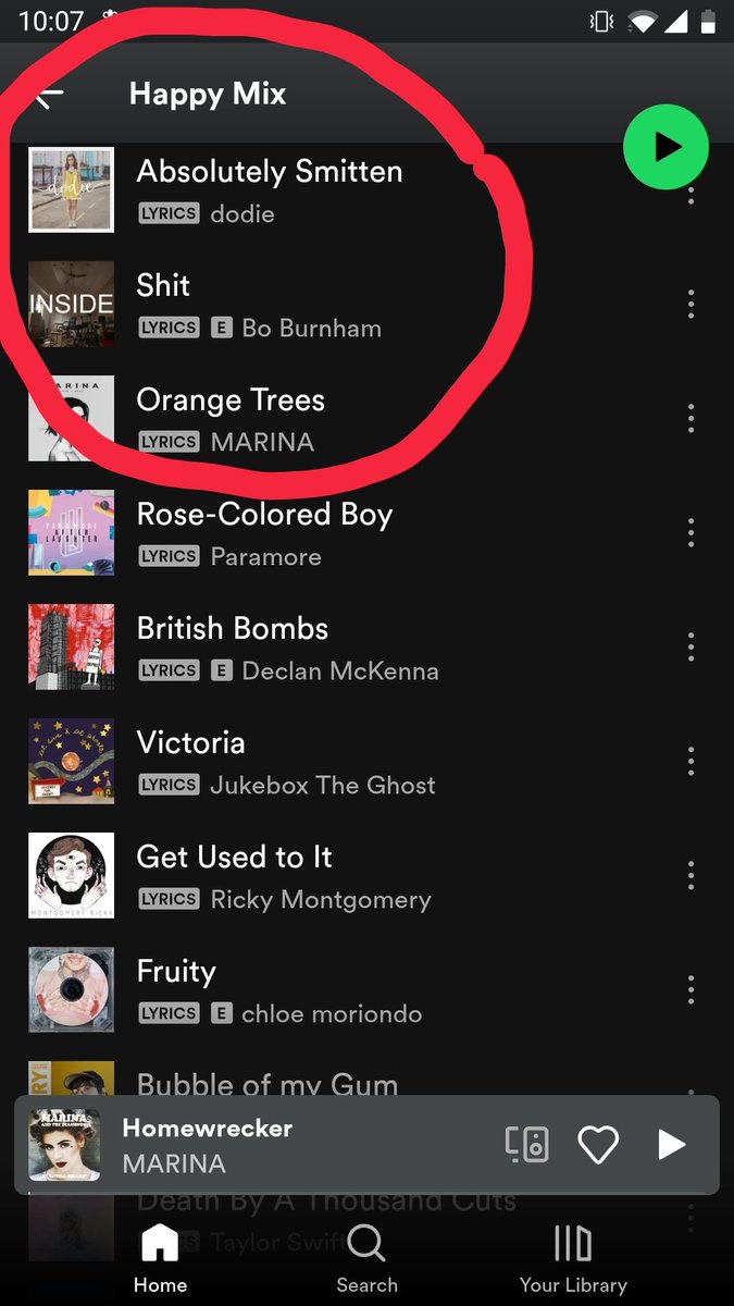 NicksSong's tweet photo. I don't think #Spotify has quite got their algorithm right with Bo Burnham's song Shit on a Happy playlist! @boburnham https://t.co/ZZznoDIq1V