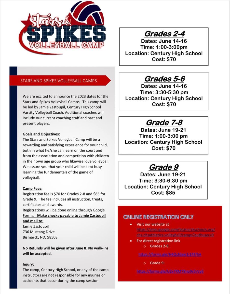 Summer is around the corner. To guarantee a camp shirt make sure to REGISTER BEFORE MAY 30th. 

Join the Century Volleyball Coaches and Players at camp this summer! See website for more information! Can’t wait to see you there. 

sites.google.com/bismarckschool…
