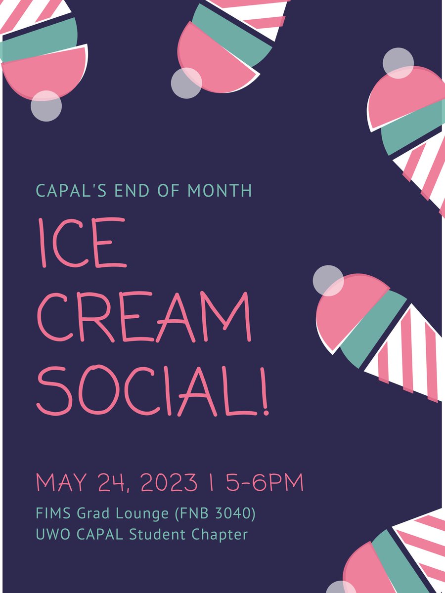 UWOCAPAL's tweet photo. CAPAL is hosting an Ice Cream Social in the Grad Lounge (FMB 3040) tomorrow starting at 5pm! Come grab a sweet treat and meet your follow CAPAL peers 🍦 https://t.co/2gDjSuP4eJ