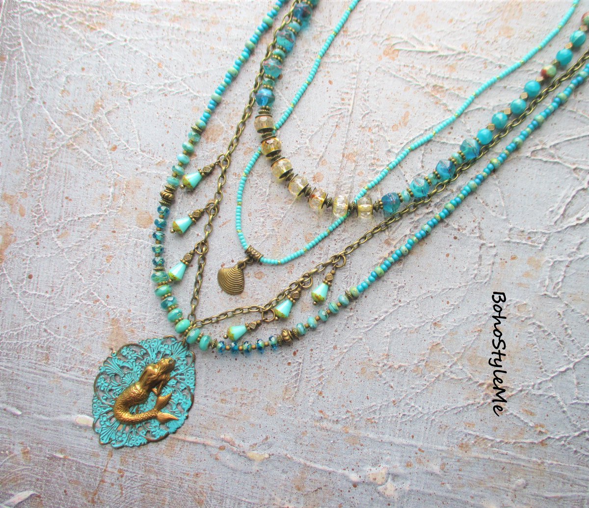 Vintage Style Mermaid, Boho Style Me Turquoise Blue Beaded Layering Necklace, BohoStyleMe, Handmade Mermaid Necklace