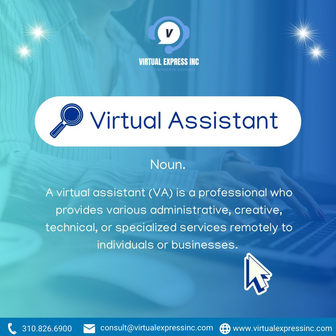 What is a Virtual Assistant? 🤔🤔🤔

#VirtualAssistant #RemoteSupport #DigitalAssistant #FlexibleWorkforce #EfficientAssistance #BusinessSupport #VirtualExpressInc