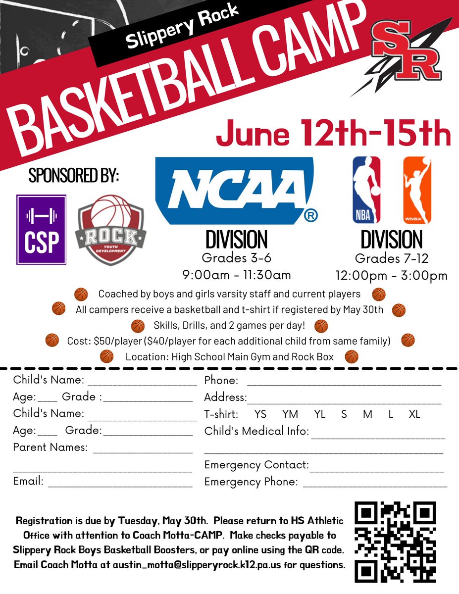 🚨 One week left to sign up for basketball camp with the high school boys and girls coaching staff! 🚨

Don’t miss out on a great week of skills, drills and games! Sign up by May 30 to get a 🏀 and camp shirt. Hope to see you there!!