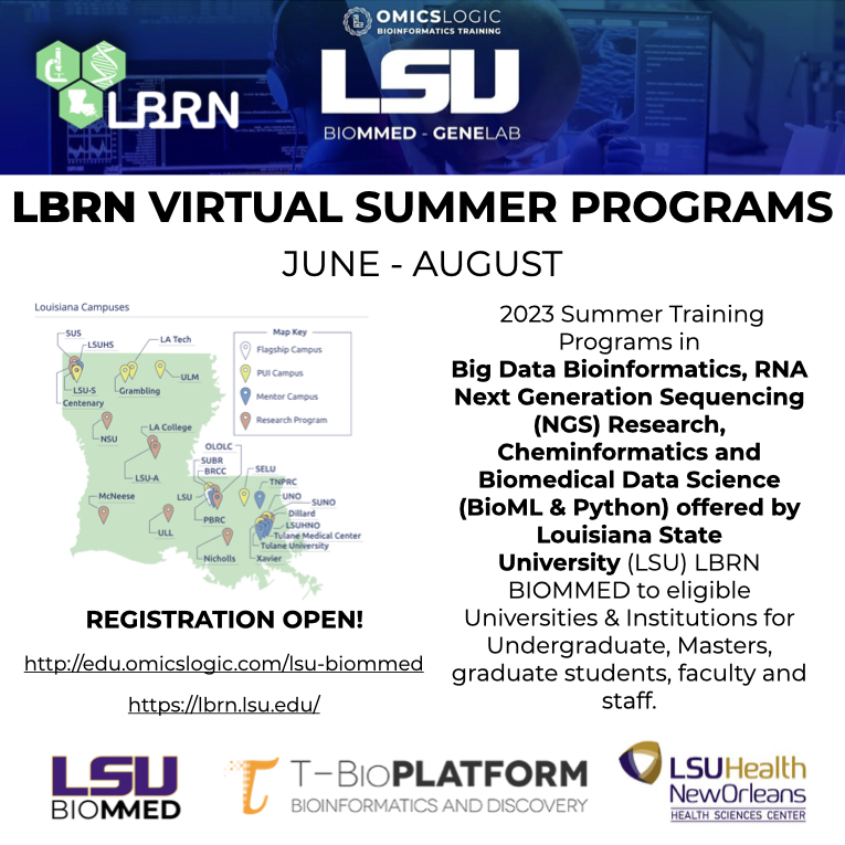 OmicsLogic's tweet photo. Registrations are OPEN! Are you a #biology aficionado? Passionate about data analysis? Excited to #code? From beginners to experienced researchers, #BioMMED #Virtual #Summer #Programs are tailor-made for YOU! Visit: https://t.co/KrcHtm2hNo. #LBRN #LSU #Bioinformatics #Research https://t.co/k6rsAUDGNf