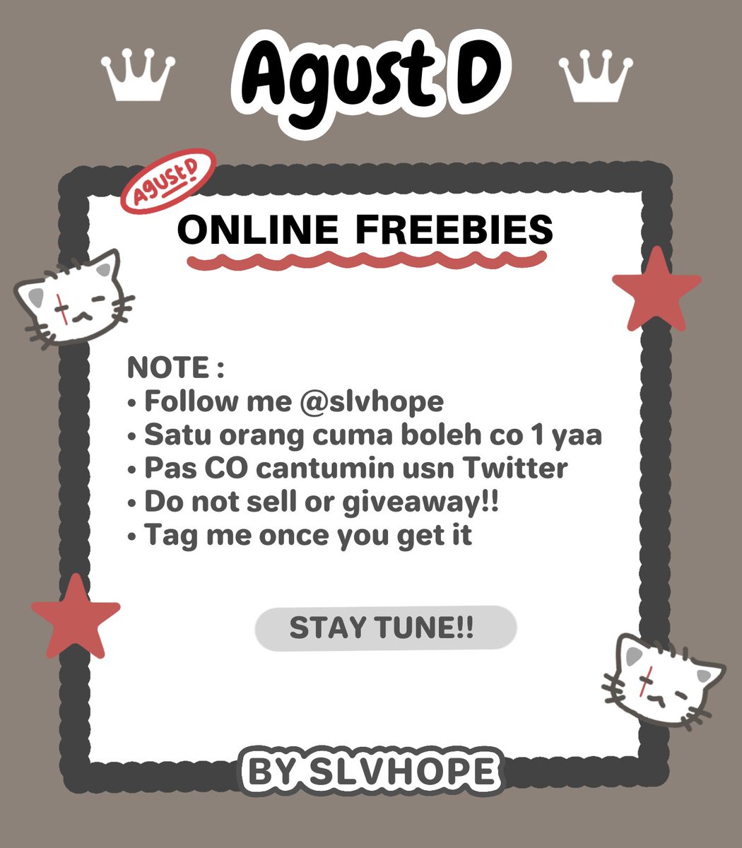 ꒰⁠ ONLINE FREEBIES BY @slvhope ꒱

RT and likes are apreciated💐

Haloo, aku mau bagi bagi freebies AgustD online nih💐 nanti aku set di oren 2k ( Link tba ) 💌 nanti aku bakal update lagi, stay tune ෆ⁠╹⁠ ⁠.̮⁠ ⁠╹⁠ෆ 

Date : 29 mei ( time tba )💐