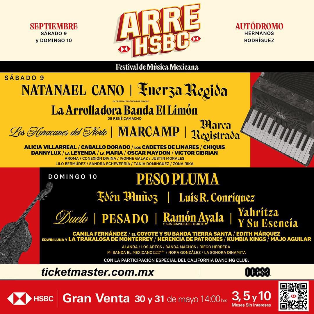somosdleon's tweet photo. INCREÍBLE PERO CIERTO 😮

HSBC estrena la primera edición de su Festival de música regional mexicana: “Arre”.

Como headliners tiene a Peso Pluma, Natanael Cano, Duelo, Pesado, La Arrolladora Banda el Limón y más…

Se llevará a cabo el 9 y 10 de septiembre, ¿irías? 👇🏼 https://t.co/qYZP5X26at