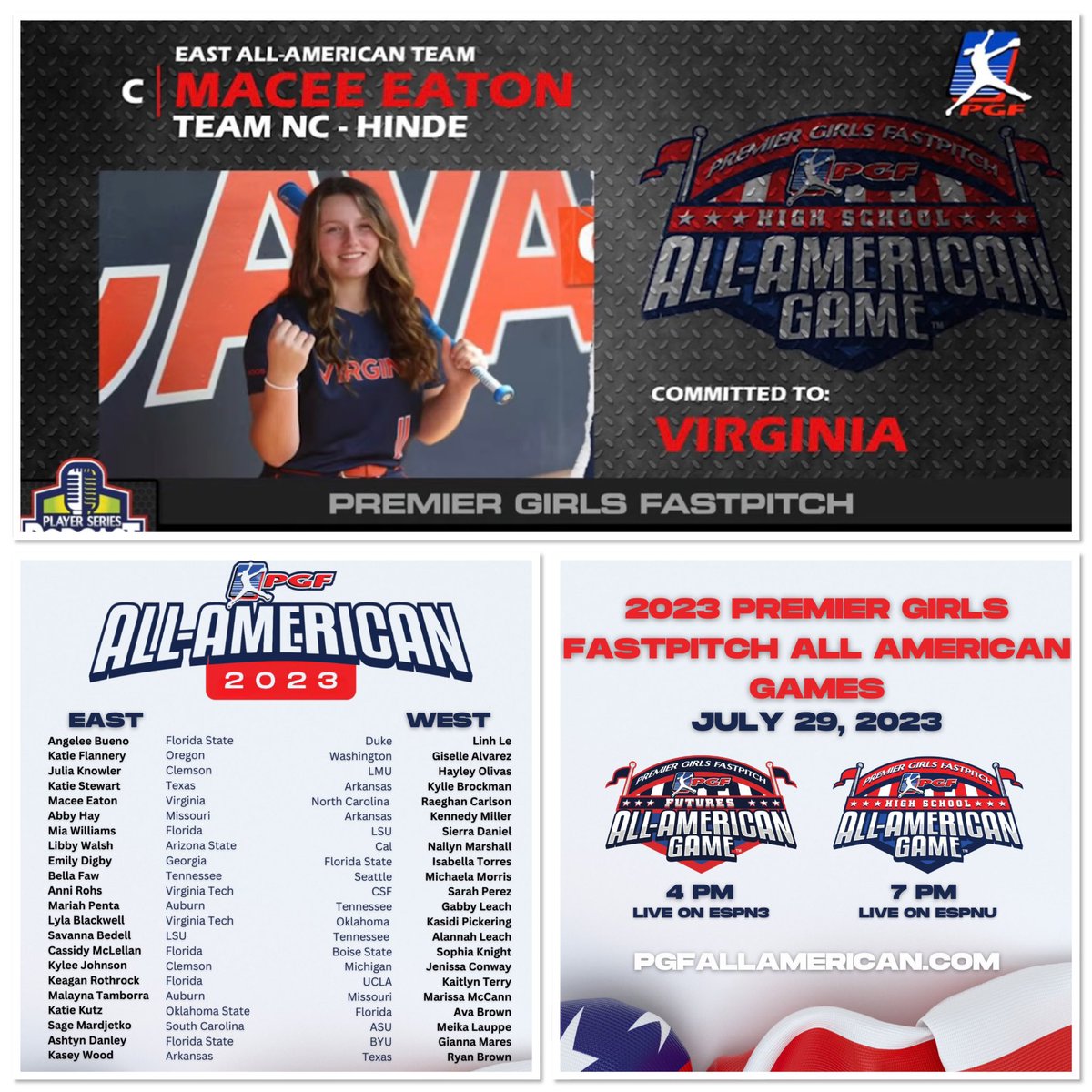 Congratulations to 2023 @UVASoftball commit @MaceeEaton2023 for her selection to the @PGFnetwork High School All-American Team representing the East! Save the date below to watch Macee make the first of what’s expected to be many appearances on ESPN! #TeamNC #PGFAllAmerican