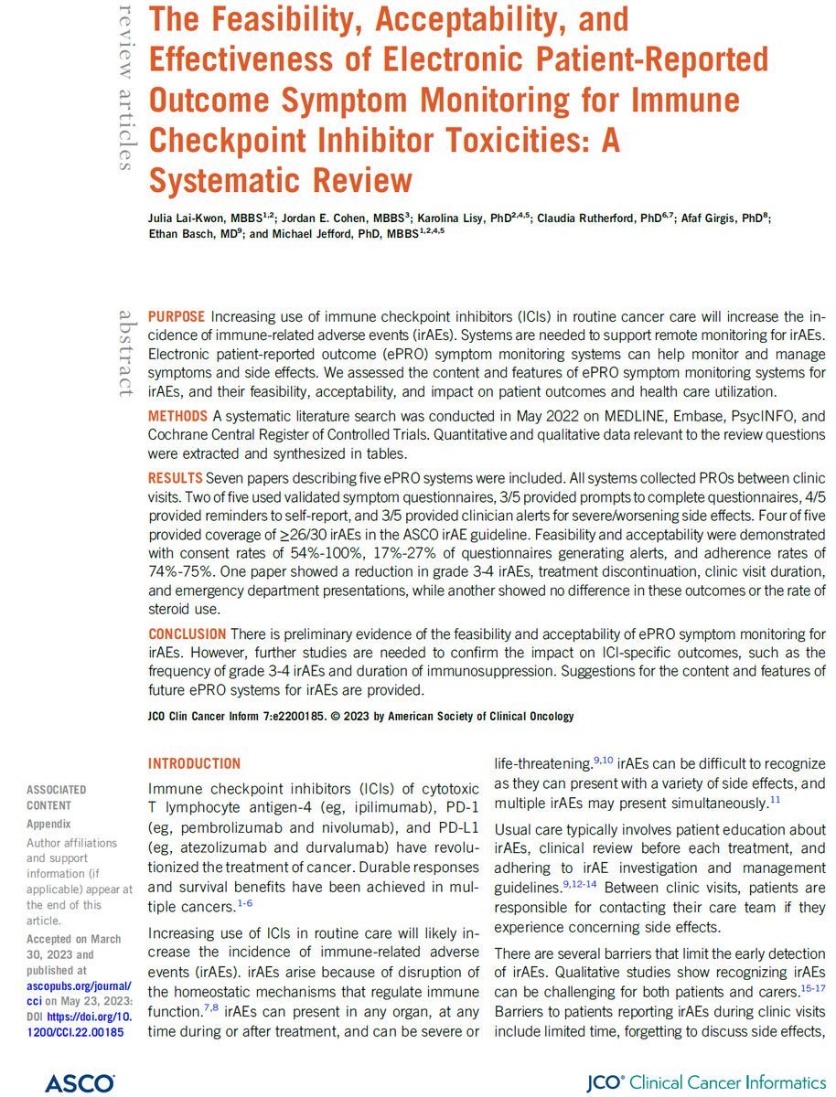 📢Can ePRO symptom monitoring be used to monitor for #immunotherapy side-effects? (1/2)

🌟Check out our systematic review @JCOCCI_ASCO!

👍feasible + acceptable
🔔More data needed re G3/4 irAEs, type/duration immunosuppresion
🧠we suggest content/features for future systems