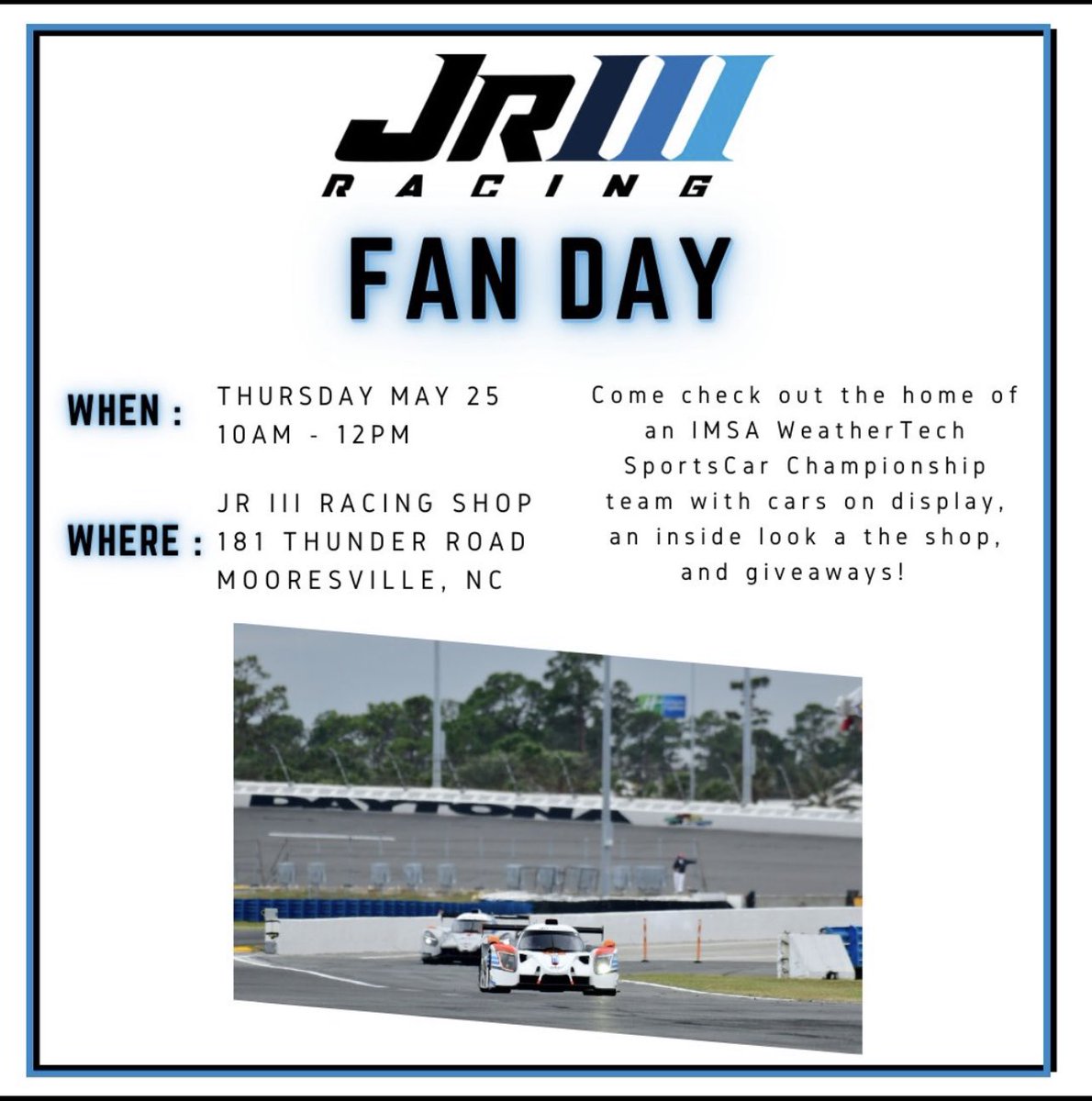 For those fans in the area looking for a race shop experience that’s a little different than the NASCAR shops, <a href="/JrIIIRacing/">Jr III Racing</a> is having a fan day this Thursday! Come on out and see all of our cool projects and IMSA LMP3s.