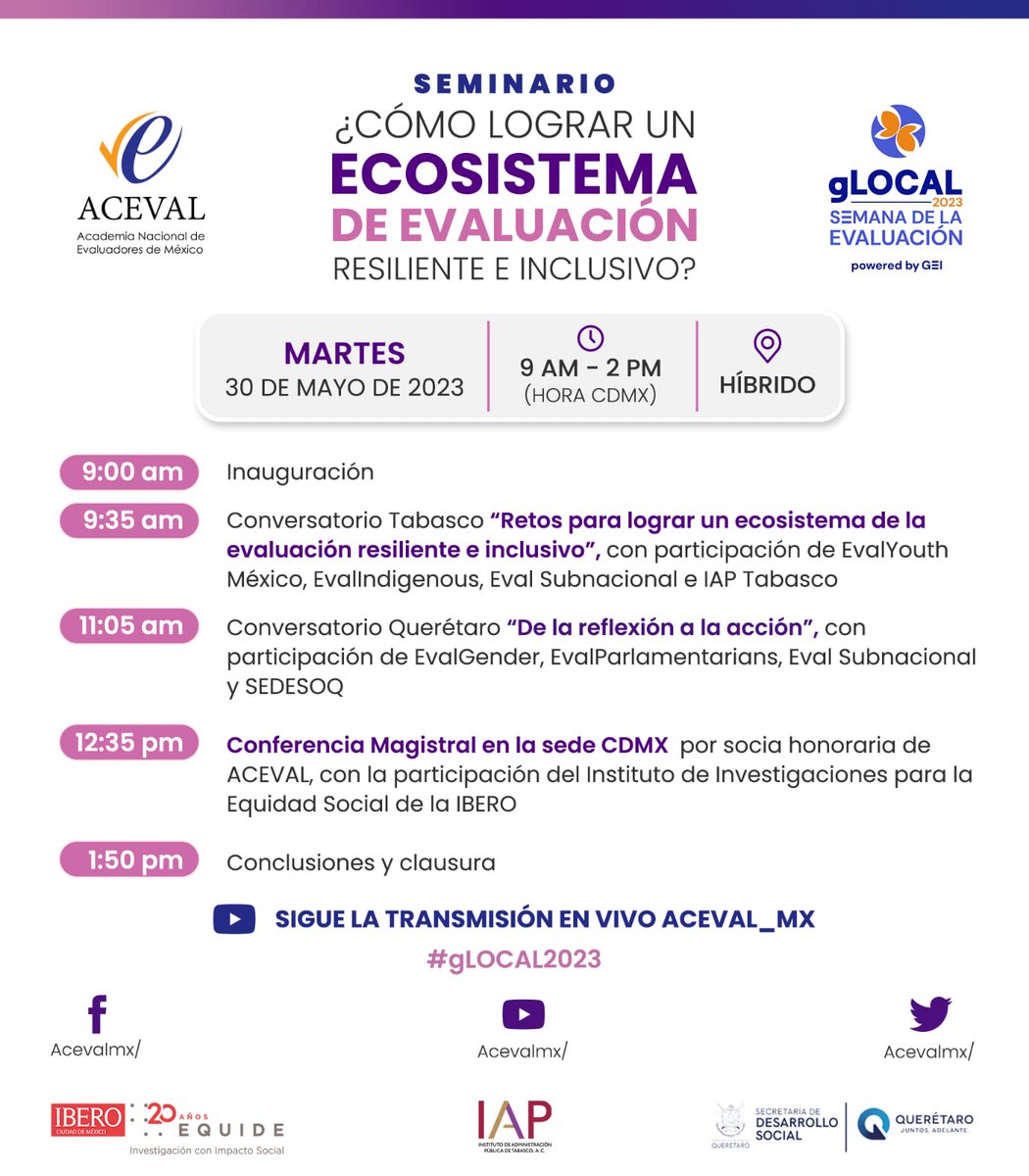 Este año en ACEVAL estamos rompiendo desafíos tiempo/espacio para llevarte un evento sumamente innovador. Se trata de un seminario híbrido, monotemático y multisede! En el que conversaremos sobre “Cómo lograr que el ecosistema de evaluación sea resiliente e inclusivo”.