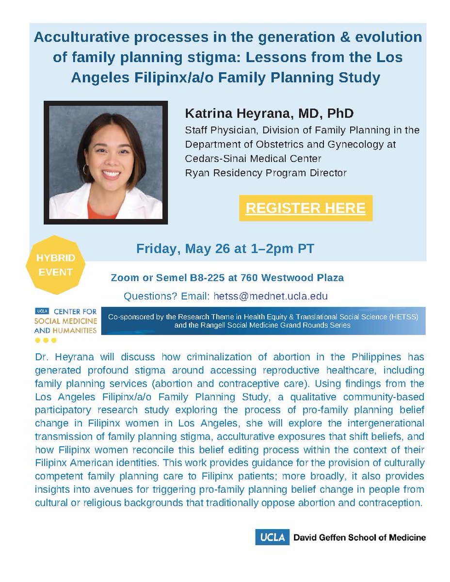 THIS FRI 5/26 from 1-2pm PT Dr. Katrina Heyrana will discuss how criminalization of abortion in the Philippines has generated profound stigma around accessing reproductive healthcare, including family planning services. 

Register HERE: uclahs.zoom.us/meeting/regist…