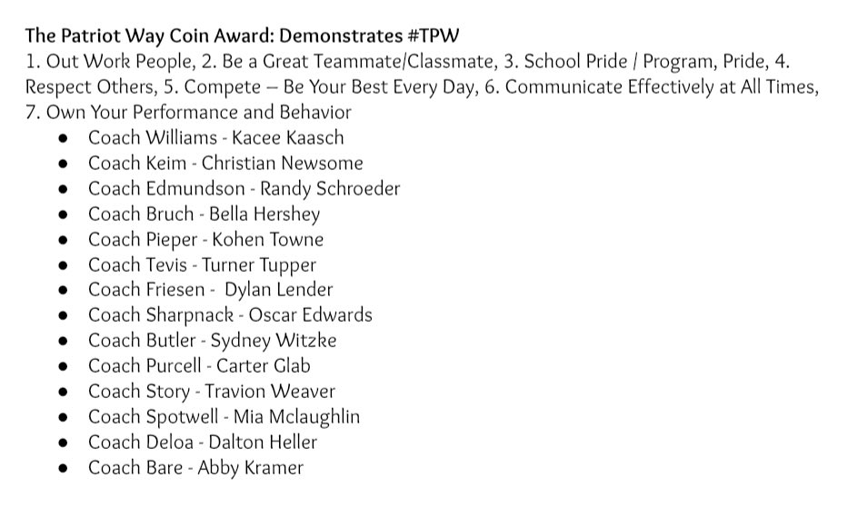 The Patriot Way Coin goes to an athlete who symbolizes the characteristics of the Patriot Way. These athletes were hand picked by their event coach for their hard work and dedication during the season. These individuals help make out program better day in and day out!