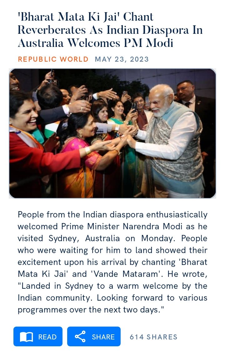 #DiasporaConnect #Australia 

'Bharat Mata Ki Jai' Chant Reverberates As Indian Diaspora In Australia Welcomes PM Modi
republicworld.com/india-news/gen…

via NaMo App