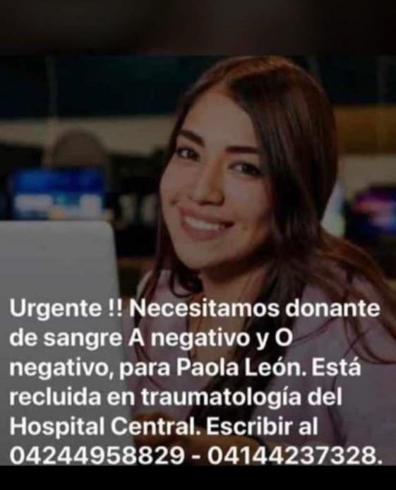GabytaSuniaga's tweet photo. La periodista carabobeña Paola León sigue necesitando donantes de sangre.
Se encuentra en la Ciudad Hospitalaria Dr. Enrique Tejera https://t.co/5Nid15Duai