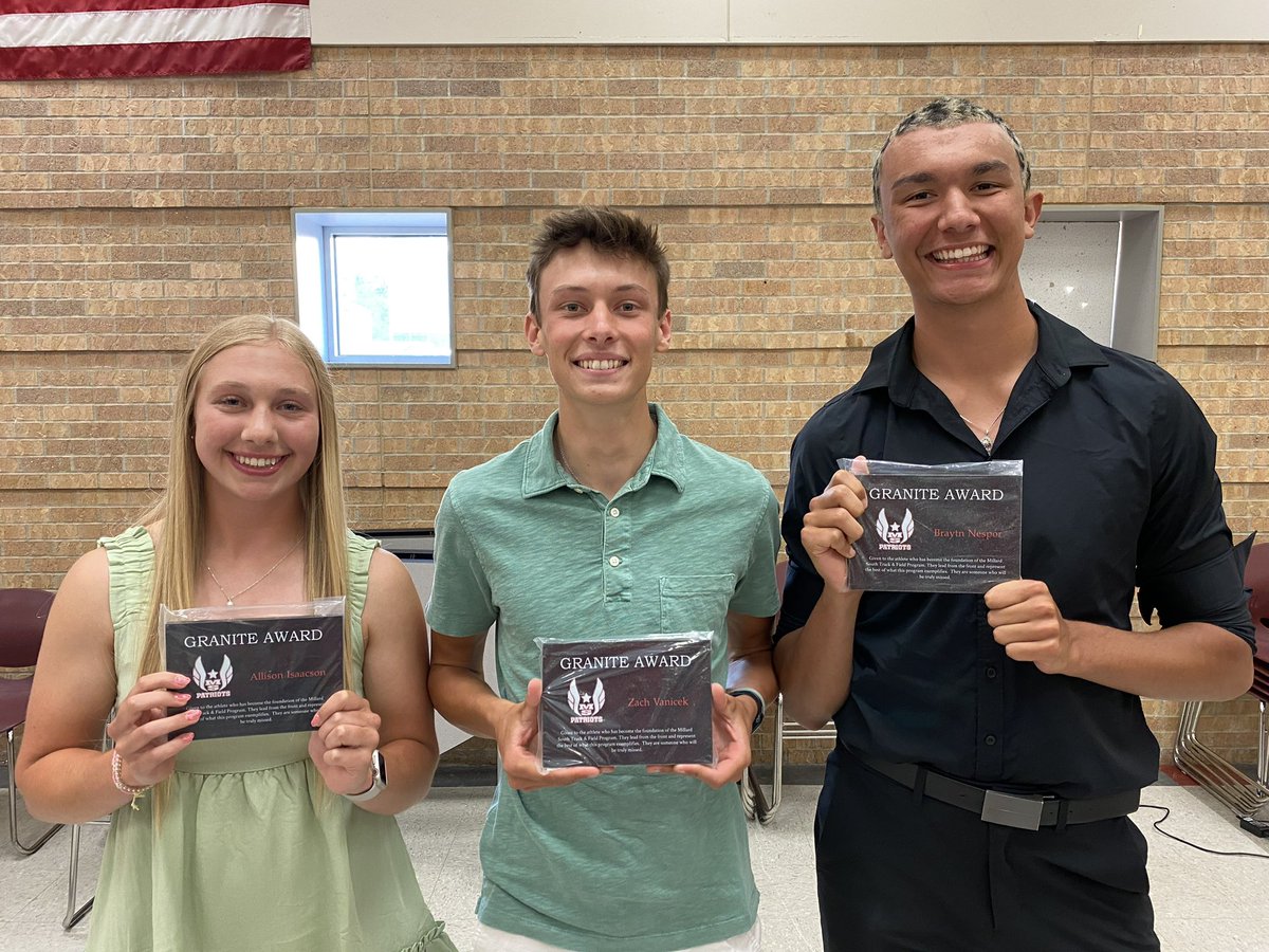 Out last award is the Granite Award Winner. Awarded to a four year Millard South Track and Field athlete who left a lasting impact on the program. This year we had THREE winners. Allison Isaacson, Braytn Nespor and Zach Vanicek. Thank you!