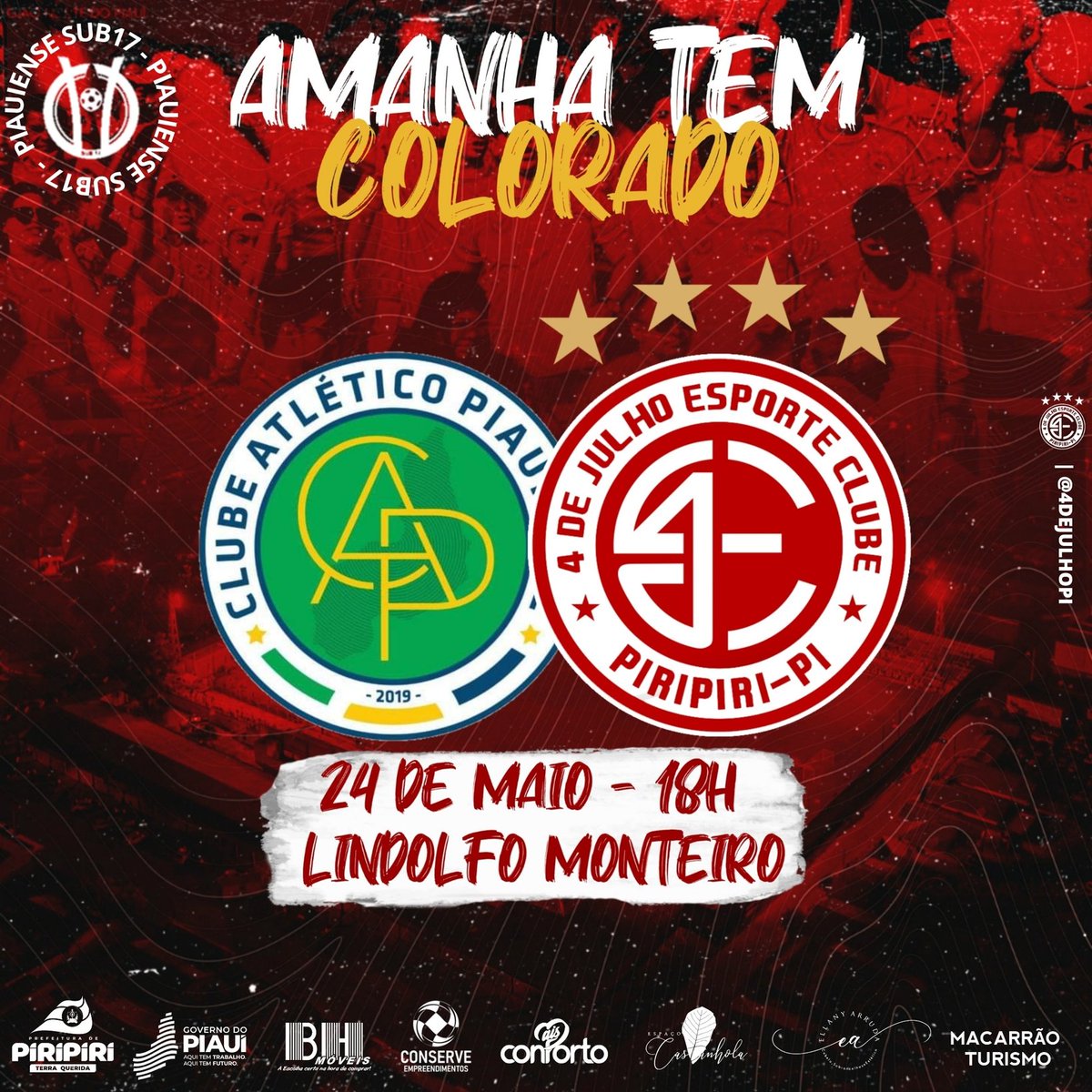 Amanhã tem Colorado! 🇦🇹🔥

O Gavião entra em campo pela segunda rodada do Piauiense sub17, amanhã, às 18h, diante da equipe do Atlético Piauiense, no Lindolfo Monteiro, Vamos juntooos em busca da vitória! Pra Cima Delees Quatrooo! 🇦🇹🙏🏽