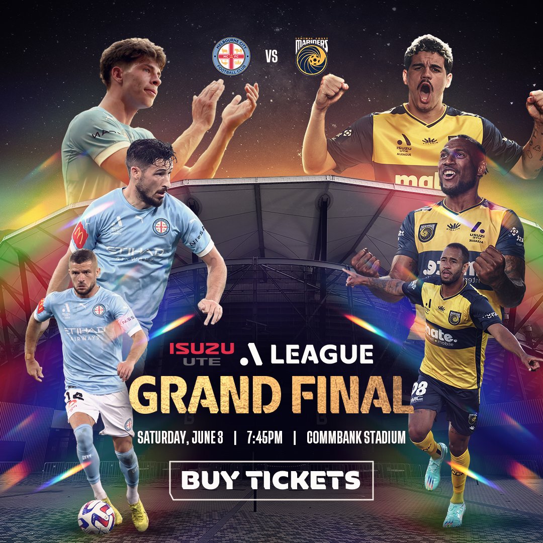 CCMariners's tweet photo. Tickets for the Isuzu UTE A-League Grand Final are 𝐎𝐍 𝐒𝐀𝐋𝐄 𝐍𝐎𝐖! 🎟

Watch your Mariners take on Melbourne City for a chance to become A-League champions! 🏆

Buy now 👉 https://t.co/3aA3RJXzgv

#CCMFC #Believe #WontBackDown https://t.co/yZvATZCrv0