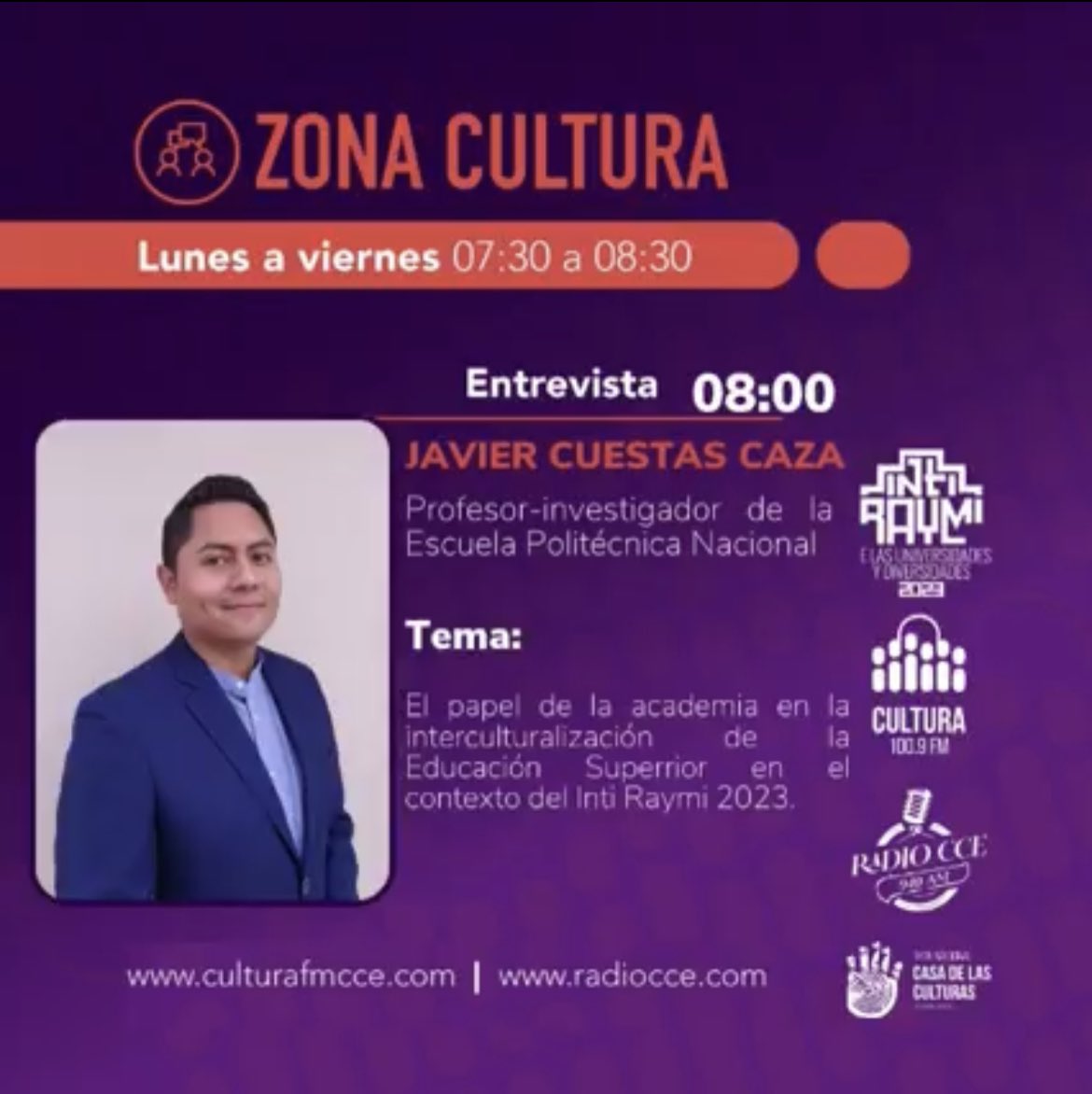 EPNEcuador's tweet photo. ¡Rumbo al Inti Raymi!

📢No te pierdas la entrevista al profesor Javier Cuestas:

🗓️24 de mayo
⏰8h00
📻Cultura 100.9 FM y RADIO CCE 940AM

☀️Conoceremos más sobre los preparativos para el Inti Raymi del 21 de junio próximo. https://t.co/QzOaiUW7F2