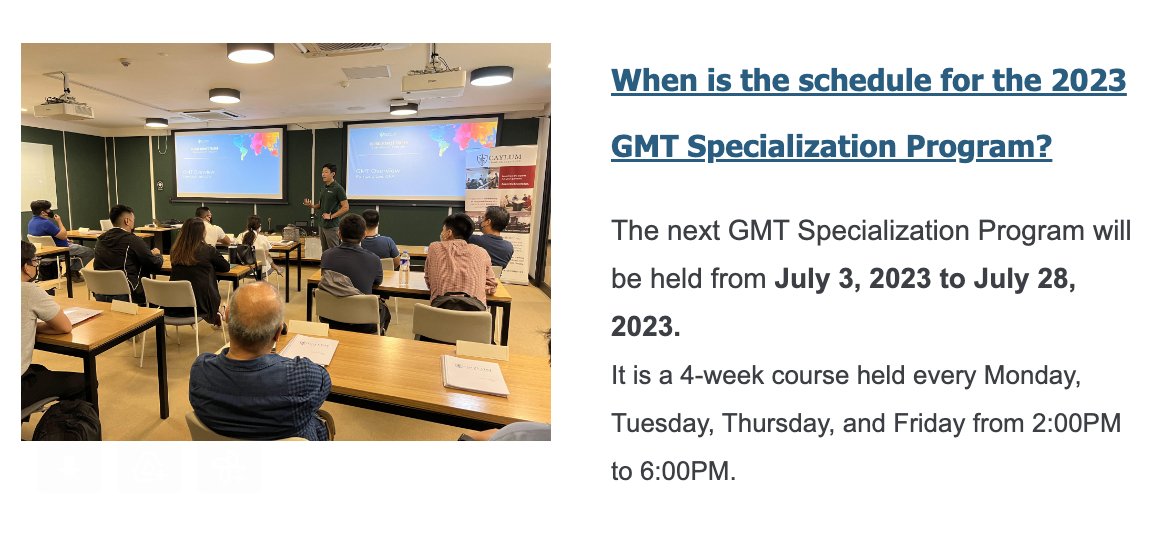 cayluminstitute's tweet photo. Frequently Asked Questions about the GMT Specialization Program. For the full set of inquiry, visit this link: https://t.co/g4BedEXBDk https://t.co/L2hIyxSKRD
