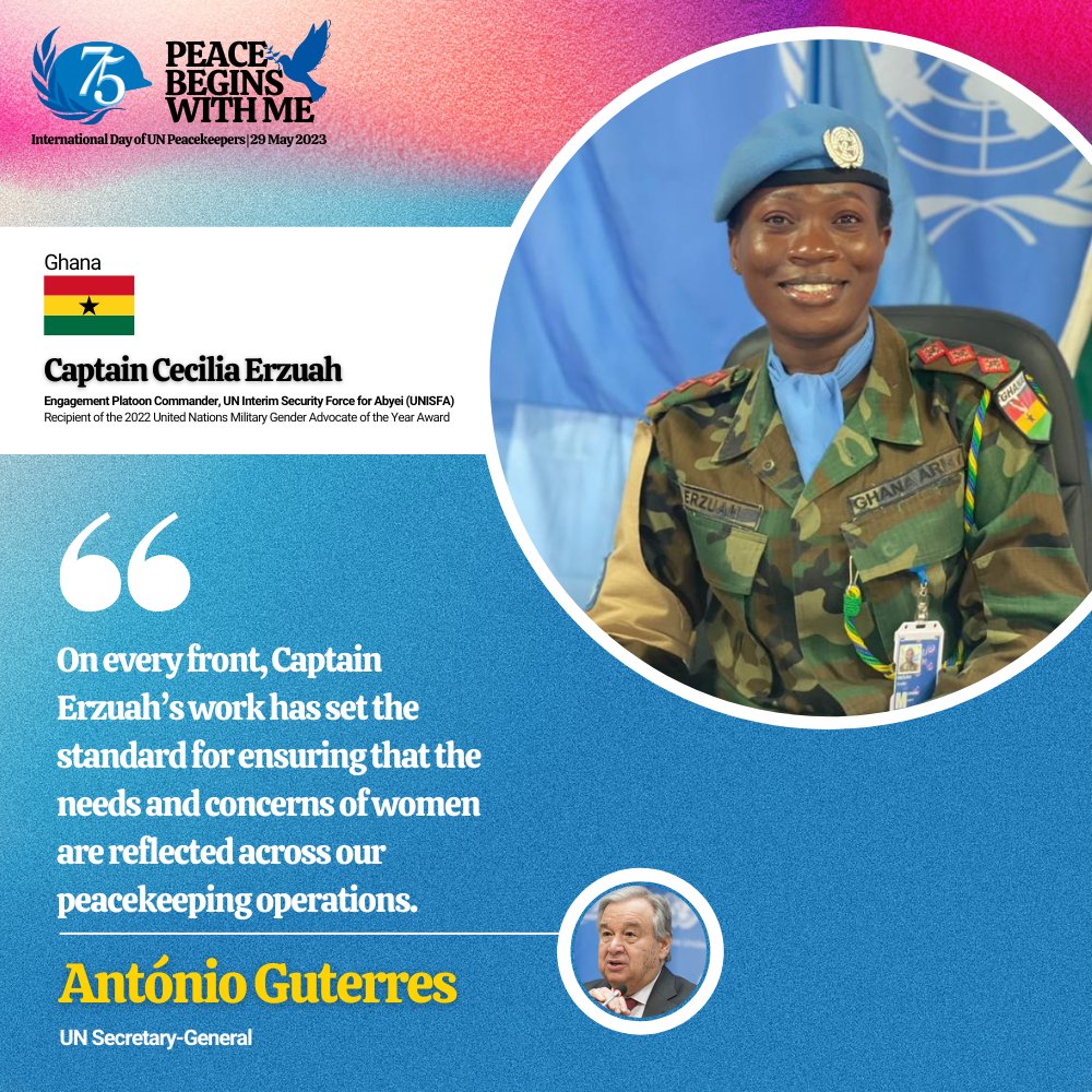 Capt. Cecilia Erzuah 🇬🇭 is the recipient of the @UN Military Gender Advocate of the Year award.

We thank her for contributing to advancing the #WomenPeaceSecurity agenda & for paving the way for more #WomenInPeacekeeping.

🔗 ow.ly/WFTT50OuCbO #PK75 @antonioguterres