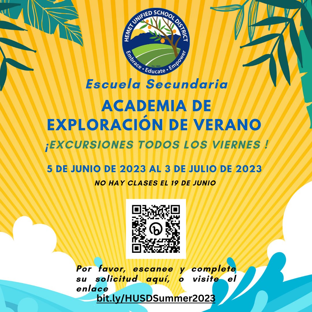 Attn MS Families: HUSD is hosting a MS Summer Exploration Academy -June 5 to July 3, 2023. Students will enjoy field trips every other Friday, literacy rotations, career exploration and team building! Priority registration ends May 31, so sign-up today! ow.ly/Cs7550O91mU